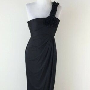 Beautiful Black Evening Gown with Slit and One Shoulder Rosette Detail - Size 2